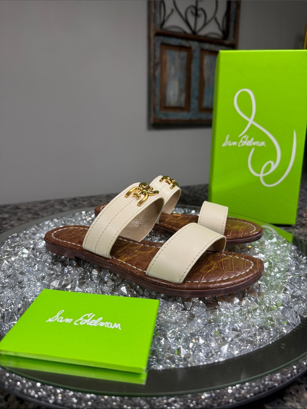 Sam Edelman Gilles Ivory Double-Band Slide Sandals with Gold logo Accent NEW 6.5
